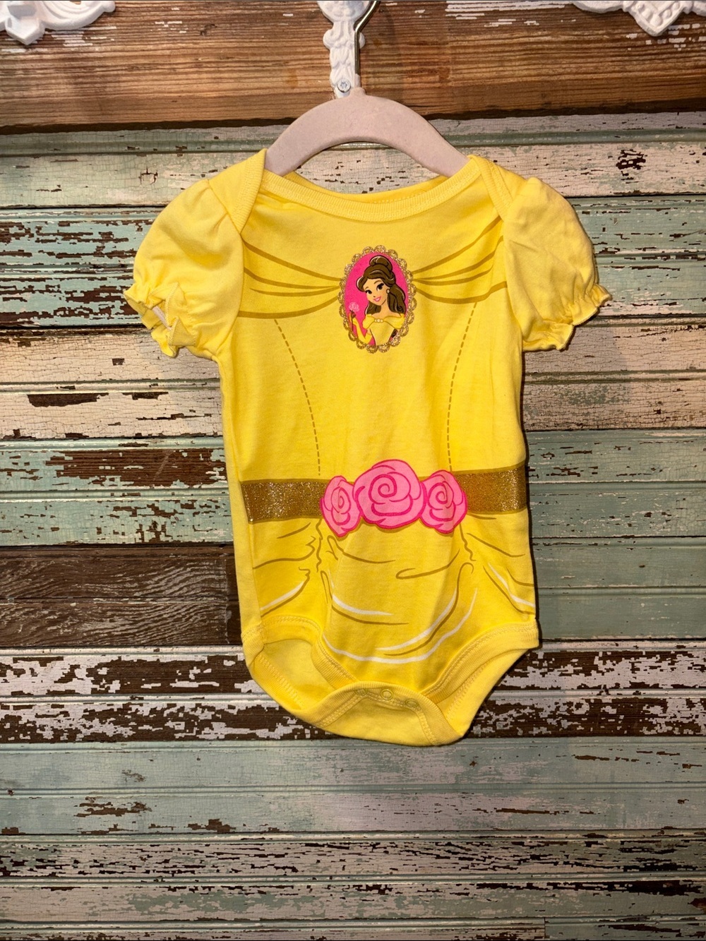 Disney Princess belle Yellow Bodysuit onesie with Pink Rose & Gold Belt